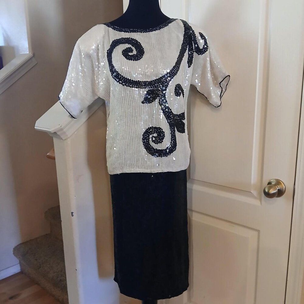 NWT Vintage 80s J.L.B. Handmade Pure Silk Sequin Blouse & Skirt Set S Retro Glam